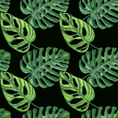 Seamless endless pattern. Green palm leaves Monstera. Jungle tropical exotic foliage. Hand-drawn watercolor illustration isolated black background. Textile, print, wrapping paperの写真素材