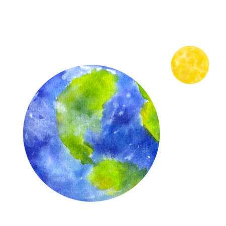 Earth blue planet solar system, satellite yellow moon. Cosmos space clipart . Hand draw watercolor illustration isolated on white background. Design element postcard, poster, logoの写真素材
