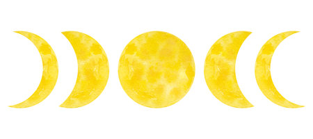 Yellow moon phases. Galaxy cycle from new to full moon. With beautiful texture. Hand draw watercolor illustration isolated on white background. For design print, card, poster decorの写真素材