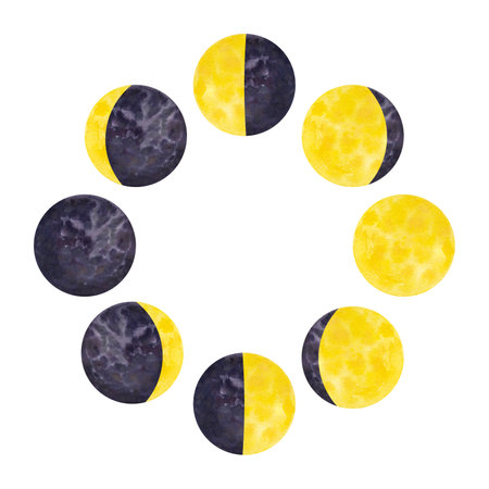 Yellow moon phases round. Galaxy cycle from new to full moon. With beautiful texture. Hand draw watercolor illustration isolated on white background. For design print, card, poster decorの写真素材