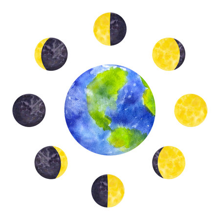 Earth planet and yellow moon phases around. Galaxy cycle from new to full moon. Hand draw watercolor illustration isolated on white background. For design print, card, poster decorの写真素材