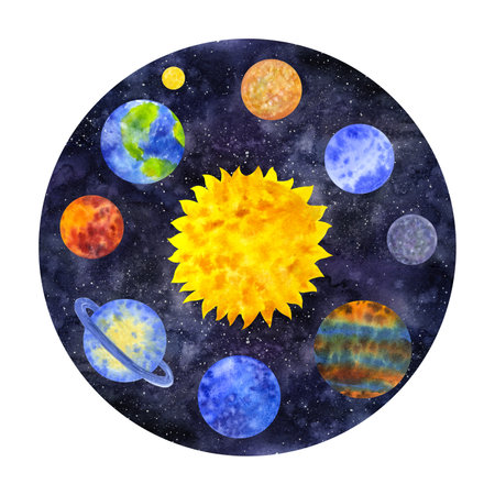 Planets of the solar system. Mercury Venus Earth Mars Jupiter Sun. Hand draw watercolor illustration isolated on dark backgroundの写真素材