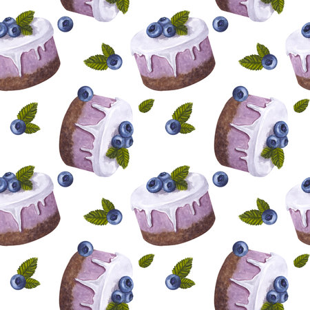 Seamless endless pattern cupcake with blueberries. Dessert cake in glaze. Mint leaves. Hand-drawn watercolor illustration isolated on white background. For packaging, fabric, wallpaperの写真素材