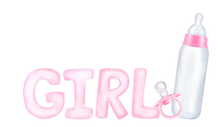 Pink milk bottle and pacifier, text. Newborn girl. Hand drawn watercolor illustration isolated on white background. Gender reveal party, baby showerの写真素材