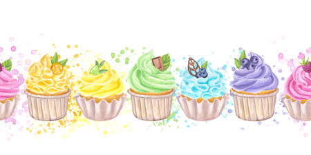 Seamless border rainbow multicolored cupcakes muffins, sweet whipped cream. Berries, citrus fruits,...