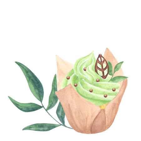 Cupcake muffin green sweet whipped cream. Mint, chocolate leaf, sprinkles. Hand drawn watercolor illustration isolated on white background. Rainbow collection. Cafe menuの写真素材