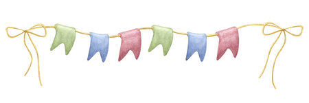 Garland with colored flags red blue green on rope, bow. Hand drawn watercolor illustration isolated on white background. Decor for party, festival, holidayの写真素材