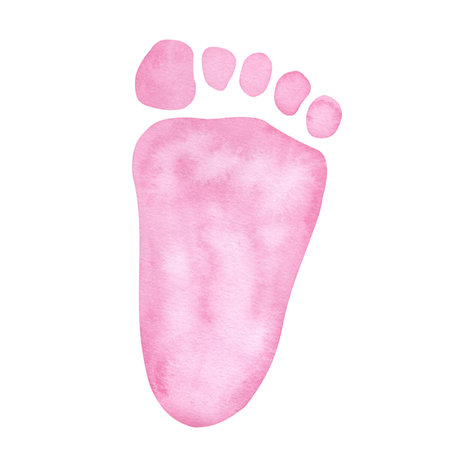 Little pink footprint. Baby shower, gender reveal party, design invitation. Boy or girl. Hand drawn watercolor illustration isolated background. For family surprise party feastの写真素材