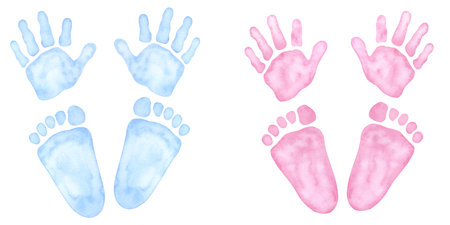 Little blue pink palm, handprint, footprint. Baby shower, gender reveal party, design invitation. Boy or girl. Hand drawn watercolor illustration isolated background. For family surprise party feastの写真素材