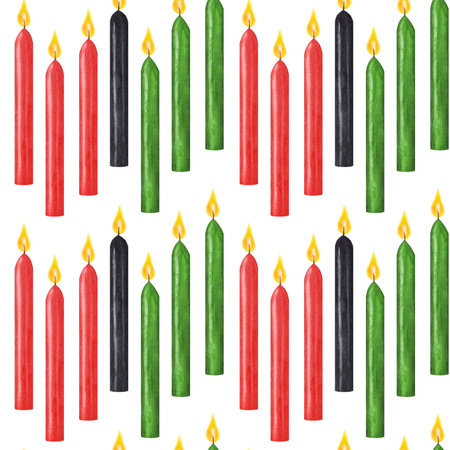 Kwanzaa seamless pattern seven burning candles, red black green for Kinara. African-American holiday. Black history month. Hand drawn watercolor isolated background.の写真素材