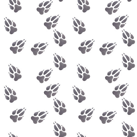 Animal footprint seamless pattern. Track of wolf, fox, dog. Gray paw print. Hand drawn watercolor illustration isolated on white background. For printing postcards, textile, clothes, fabricsの写真素材