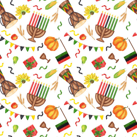 Kwanzaa seamless pattern. African-American holiday. Kinara, seven burning candles, red black green map, cup, drum, gift, harvest vegetables. Hand drawn watercolor illustration isolated background.の写真素材