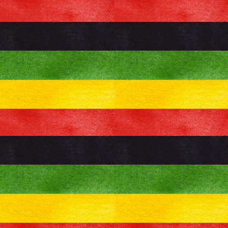 Stripes seamless pattern, red black green yellow. Black history month, Africa day, Juneteenth, Kwanzaa holiday. Hand drawn watercolor illustration background. For printing textile, fabrics, packaging.の写真素材