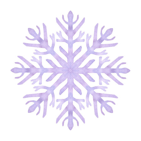 Snowflake blue lilac frost crystals. Symbol of winter, cold weather. New Year and Christmas holiday card. Hand drawn watercolor illustration isolated on white background.の写真素材
