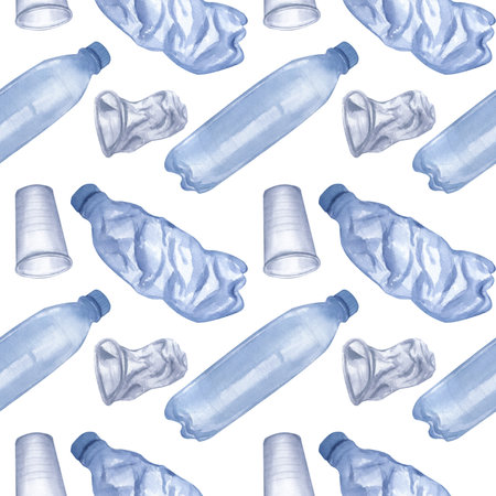 Seamless pattern plastic trash. Disposable blue transparent bottles and cups. Hand-drawn watercolor illustration white background. Ecology posters, enviroment protection, Earth day, save the oceanの写真素材
