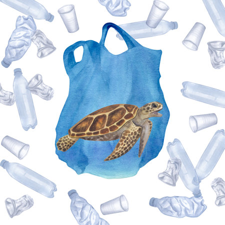 Sea turtle got entangled in a plastic bag. Ocean pollution. Great Pacific Garbage Patch. Disposable...