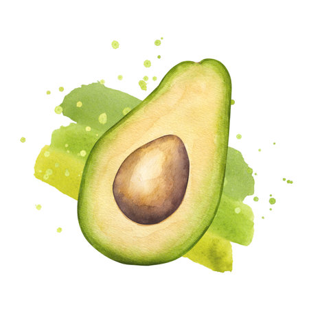 Avocado green fruit half with seed. Botanical vegetable tropical exotic clipart. Stain, paint, splashes on background. Vegan dietary food painting. Hand drawn watercolor illustration isolated. For healthy eating menu.の写真素材