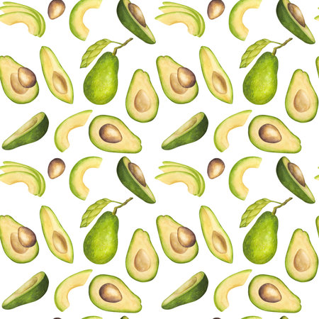 Avocado seamless pattern. Fruit half with seed core, sliced pieces, green leaves. Botanical...