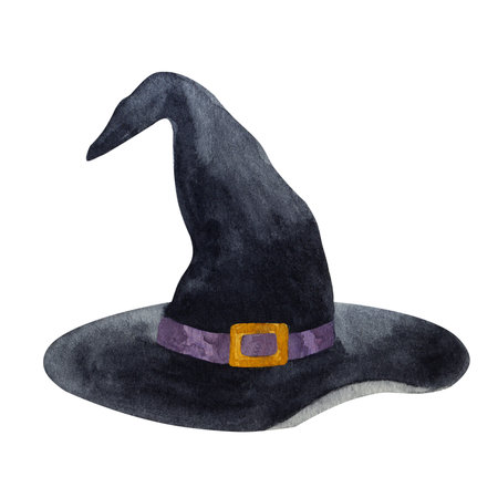 Witch hat with violet belt, gold plaque. Halloween traditional scary wizard decoration. Cartoon...