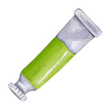 Paint tube green watercolor oil acrylic tempera gouache. Packaging art colors liquid pigments. Artist palette accessories. School supplies for drawing. Hand drawn illustration isolated backgroundの写真素材
