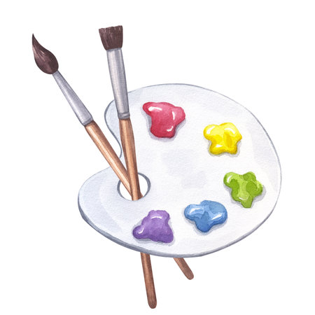 Artists palette with paints. Paintbrushes for coloring, flat and cone. Art accessories. Painters tool, colorful samples watercolor, gouache, acrylic oil. Hand drawn illustration isolated backgroundの写真素材