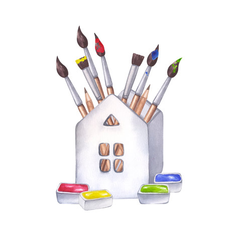 Art supplies set colored paint palette paintbrushes in white ceramic house cuvettes tempera gouache acrylic oil. Hand drawn watercolor illustration isolated background. For printing postcardsの写真素材