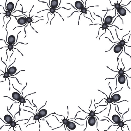 Black spiders round frame. Creepy scary arthropod, tarantula weaves cobwebs, arachnophobia clipart. Happy Halloween. Spooky picture. Hand drawn watercolor illustration isolated background.の写真素材