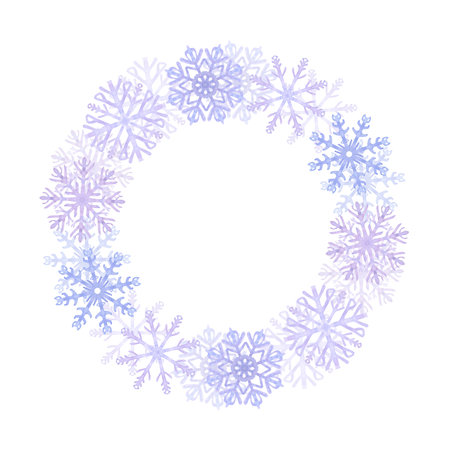 Snowflakes round wreath frame, blue lilac frost crystals. Symbol of winter, cold weather. New Year and Christmas holiday card. Hand drawn watercolor illustration isolated on white backgroundの写真素材