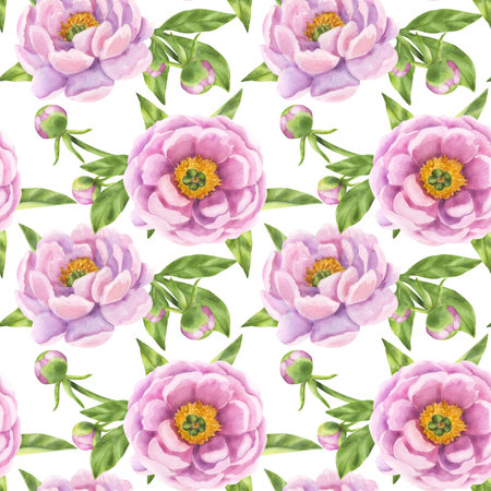 Peony flowers seamless pattern. Floral print with pink buds and green leaves. Hand drawn watercolor illustration background. For design textile, greeting cards, wrapping paper, wallpaper, fabricsの写真素材