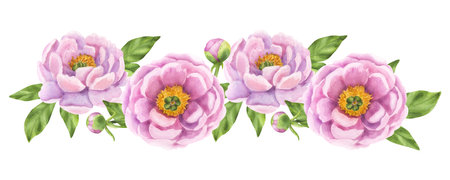 Peony pink flower composition banner. Floral print buds and green leaves. Hand drawn watercolor illustration isolated background. For printing postcards, invitations, textile, clothes, greeting cardsの写真素材