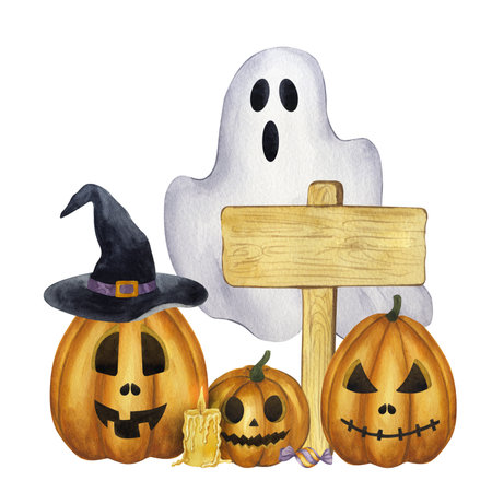 Halloween clip art. Jack o Lantern, carved orange pumpkin with witchs hat, ghost, candle, wooden board index for text. Hand drawn watercolor illustration isolated background. For postcard, flyersの写真素材