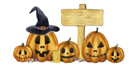 Halloween banner Jack o Lantern, carved orange pumpkin with witchs hat, candy, candle, wooden board index for text. Hand drawn watercolor illustration isolated background. For postcard, flyersの写真素材