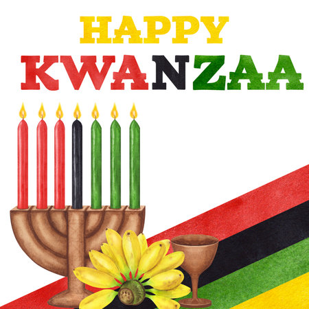 Postcard Kwanzaa. African-American holiday. Kinara, seven burning candles, red black green cup harvest. Hand drawn watercolor illustration isolated background. For congratulations and invitations.の写真素材