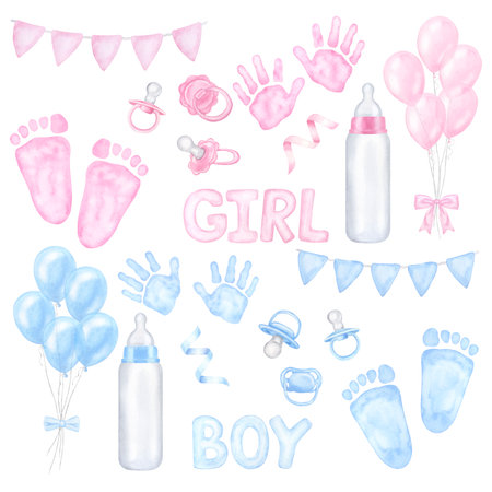 Gender reveal party set. Newborn girl or boy, pink blue flags, milk bottle, pacifier, footprint, handprint, bow, balloon. Hand drawn watercolor illustration isolated on white background. Baby showerの写真素材
