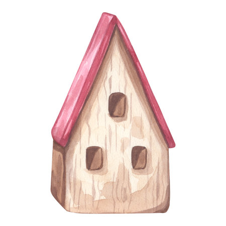 Toy wooden little house with red sloping roof for gnome or elf. Decor for Christmas, new year. Hand drawn watercolor illustration isolated on white background. For postcard, invitation, congratulationの写真素材