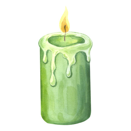 Green burning wax candle christmas decoration. Hand draw watercolor illustration isolated on white background. Candlelight design for New Year party, spa. Cozy interior clipart for printed productsの写真素材