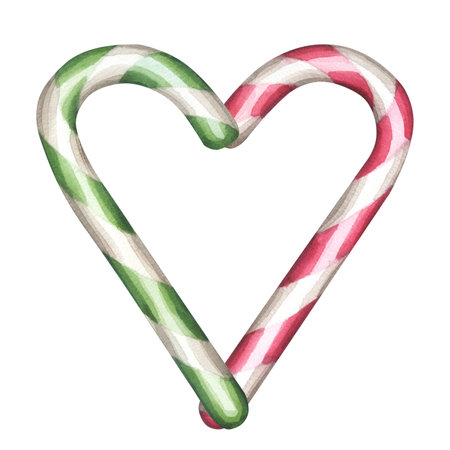Heart shaped candy cane peppermint stick with red green spiral stripes, . Traditional treat for Christmas and New Years Eve for kids. Hand drawn watercolor illustration isolated on white backgroundの写真素材
