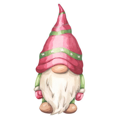Cute Christmas gnome boy, wearing red hat and green suit. A magical Scandinavian character for the New Year. Hand draw watercolor illustration isolated on white background. Perfect for postcardsの写真素材