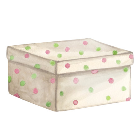Beige gift box with red green polka dots, ribbon and bow. Present for Christmas, New year, Birthday party. Hand drawn watercolor illustration isolated on white background. For postcard, invitationの写真素材