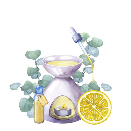 Ceramic aroma lamp with lemon essential oil and lit candle. Pipette bottle, citrus slice, eucalyptus branches. Spa Retreat, massage, meditation. Hand drawn watercolor illustration isolated backgroundの写真素材
