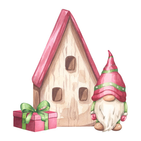 Gnome boy beard in red hat green suit. Christmas Tree, wooden house, gift box. Scandinavian character New Year. Hand draw watercolor illustration isolated background. Xmas greeting cards, invitation.の写真素材