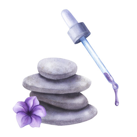 Pyramid of gray stones, purple violet flower, lilac essential oil drips. Spa Retreat, massage, meditation, essential oil. Hand drawn watercolor illustration isolated background. For printing postcardsの写真素材