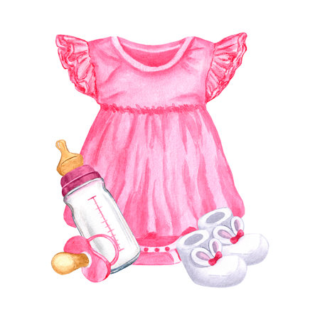 Pink newborn baby girl things, body dress, pacifier, booties, milk bottle. For gender reveal party, baby shower. Hand drawn watercolor illustration on white background. For cards, invitation.の写真素材