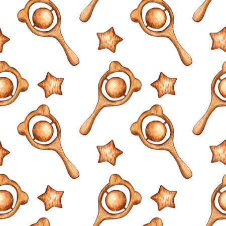 Seamless pattern with newborn wooden eco teething accessory. Children toys star, teddy bear ball teether. Hand drawn watercolor illustration white background. Nursery textile, print, wrapping paper.の写真素材