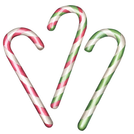 Candy cane set peppermint stick with red green stripes in a spiral pattern. Traditional treat for Christmas and New Years Eve for kids. Hand drawn watercolor illustration isolated on white backgroundの写真素材