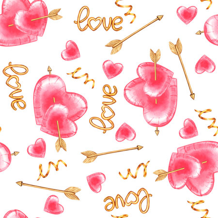 Seamless pattern for Valentines Day all about love. Pink Gold colours heart, balloon, love, arrow, serpentine. Hand drawn watercolor illustration on white background. Textile, print, wrapping paperの写真素材