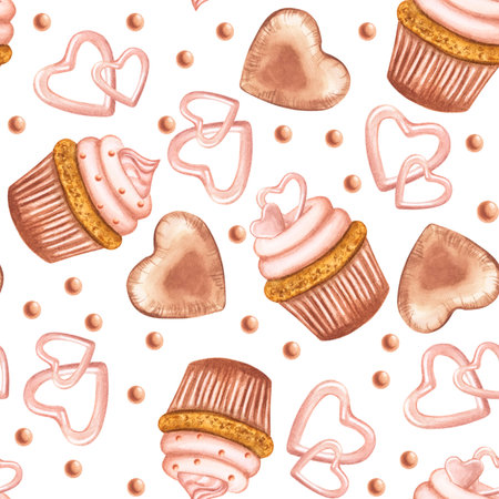 Beige cream muffin cupcake heart seamless pattern for Valentines Day. Concept love. Hand drawn watercolor illustration on white background. Textile, print, wrapping paperの写真素材
