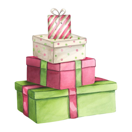 Red green gift boxes with ribbon and bow. Present for Christmas, New year, Birthday party. Hand drawn watercolor illustration isolated on white background. For postcard, invitation, congratulationの写真素材