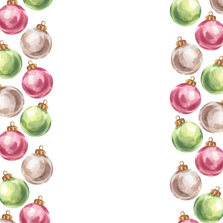 Christmas tree balls frame, red green silver toys. Bright and colorful New Year decorations. Hand drawn watercolor illustration isolated on white background. For postcard, advertising, designの写真素材
