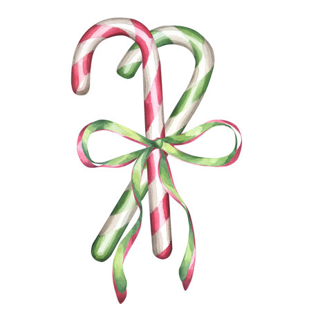 Watercolor Candy cane peppermint stick with red green ribbon and bow. Traditional treat for Christmas and New Years Eve for kids. Hand drawn illustration isolated on white background. For postcardの写真素材